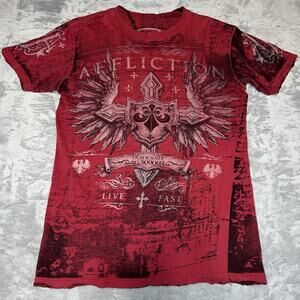Affliction Live Fast Y2K Reversible Distressed Grunge Skull Cross Wings Shirt L